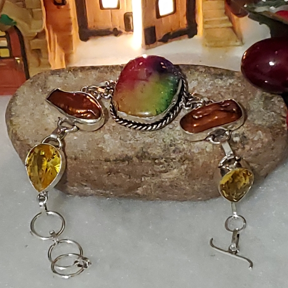 Jewelry - Rainbow Solar Quartz, Citrine  Biwa Pearl Bracelet - Happiness
